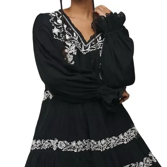 Anthropologie Long Sleeve Black Embroidered Lace Trim Swing Dress size XXS - Picture 3 of 11